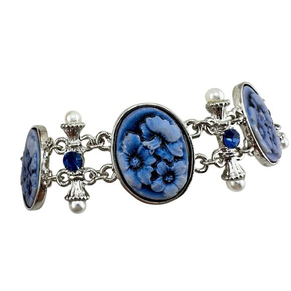 Unbranded Jewelry - Vintage Style Victorian Revival Blue Faux Floral Cameo Silver Tone Bolo Bracelet